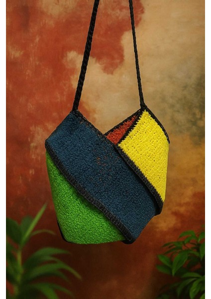 Parçalı Çok Renkli Kağıt Ip Tığ Işi El Örgüsü Çanta