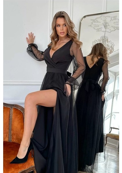 Kadın Uzun Kollu Kruvaze Yakalı Belden Kuşaklı Tüllü Uzun Ithal Krep Elbise modelleri