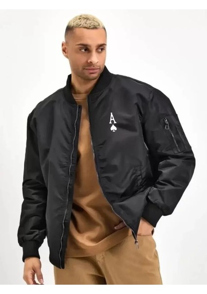 Unisex Uzun Kol Baskılı Bomber Ceket - Siyah fiyatları