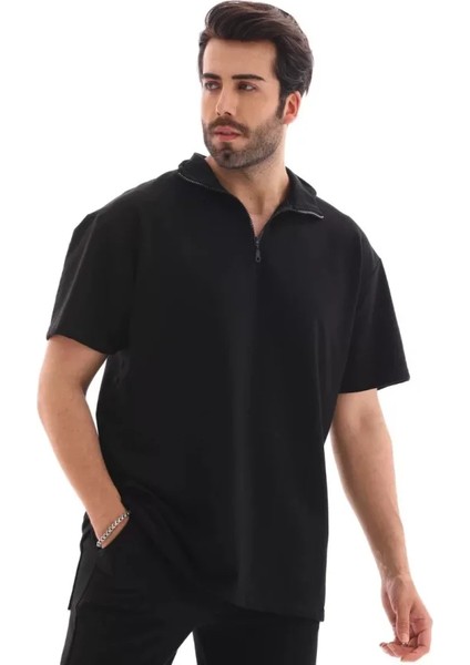 Unisex Yarım Fermuarlı Düz Oversize T-Shirt - Siyah