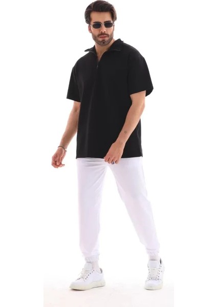 Unisex Yarım Fermuarlı Düz Oversize T-Shirt - Siyah fiyatları