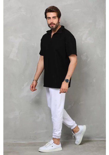 Unisex Yarım Fermuarlı Düz Oversize T-Shirt - Siyah fırsatları