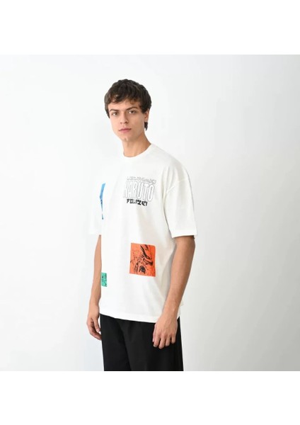 Unisex Bisiklet Yaka Baskılı Oversize T-Shirt - Beyaz modelleri