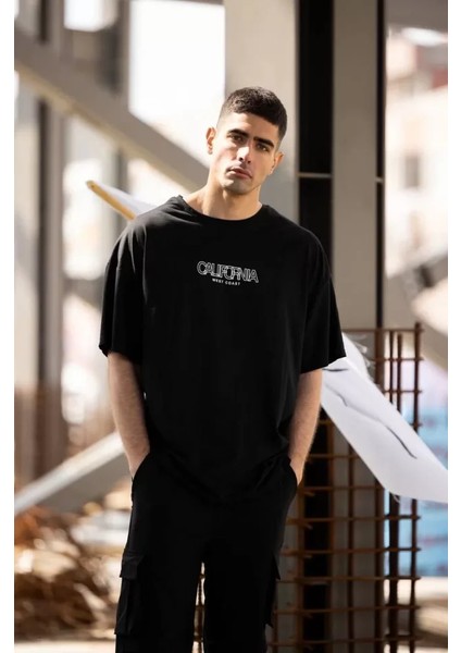 Unisex Bisiklet Yaka Baskılı Oversize T-Shirt - Siyah modelleri