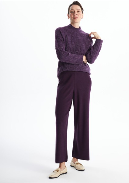 Yeni Sezon Beli Lastikli Düz Geniş Paça Kadın Triko Pantolon