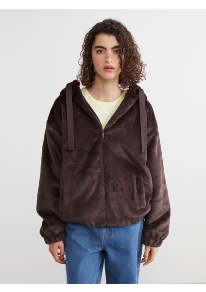 Yeni Sezon Kapüşonlu Oversize Kadın Pelüş Ceket