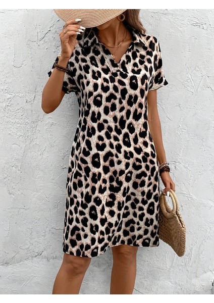 Kadın Kısa Kollu Yakalı Leopar Desenli Süprem Elbise fiyatları