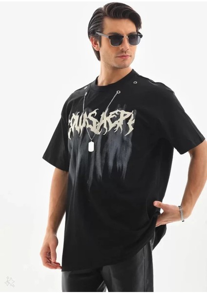 Unisex Oversize Kolye Dahil T-Shirt - Siyah modelleri