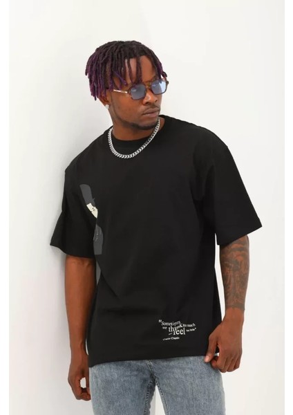 Unisex Oversize Baskılı Bisiklet Yaka T-Shirt - Siyah fiyatları