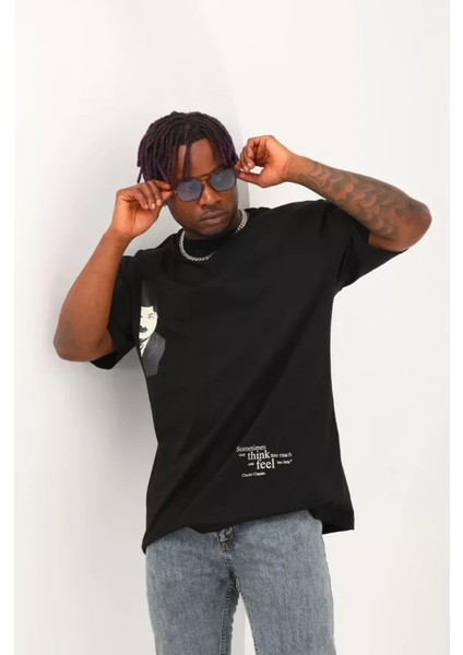 Unisex Oversize Baskılı Bisiklet Yaka T-Shirt - Siyah modelleri