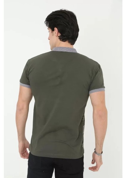 Erkek Yakalı Slim Fit Baskılı T-Shirt - Haki fiyatları