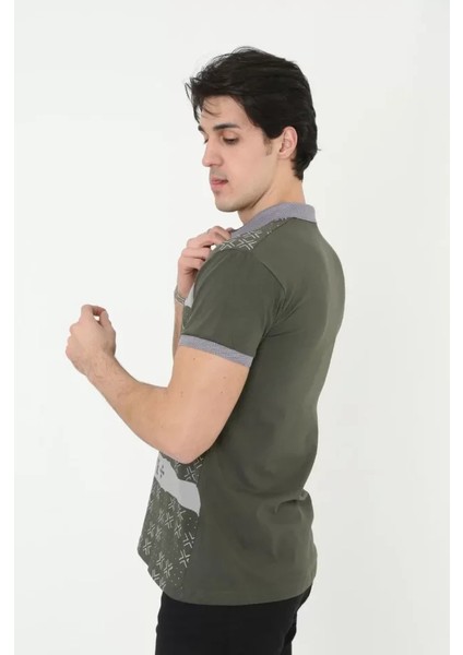Erkek Yakalı Slim Fit Baskılı T-Shirt - Haki modelleri