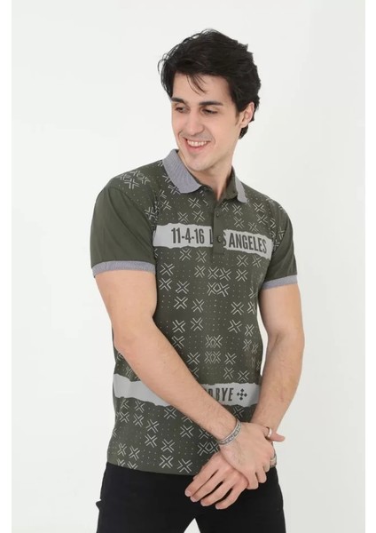 Erkek Yakalı Slim Fit Baskılı T-Shirt - Haki fırsatları