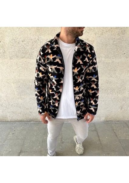 Erkek Tam Fermuarlı Desenli Polar Sweat – Siyah Multicolor Figür Desen Yakalı, Uzun Kollu, Over fiyatları
