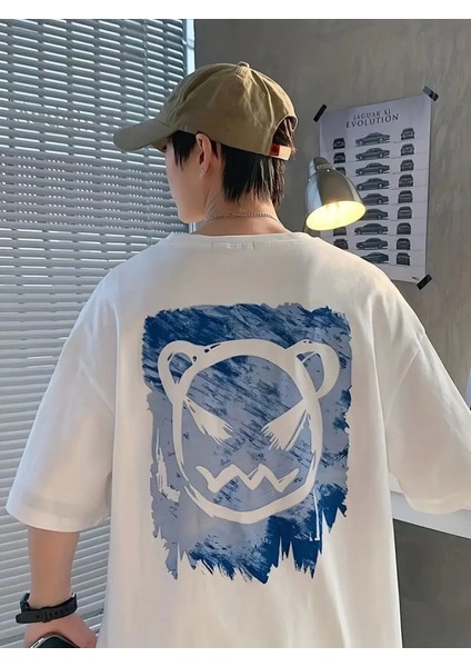 Baskılı Oversize Bisiklet Yaka T-Shirt - Beyaz