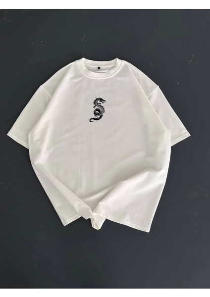 Baskılı Oversize Bisiklet Yaka T-Shirt - Beyaz