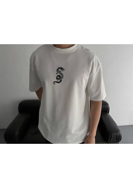 Baskılı Oversize Bisiklet Yaka T-Shirt - Beyaz fiyatları