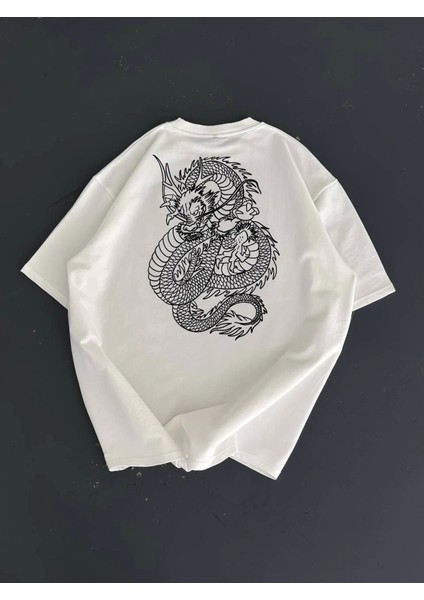 Baskılı Oversize Bisiklet Yaka T-Shirt - Beyaz modelleri