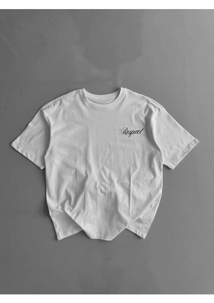 Baskılı Oversize Bisiklet Yaka T-Shirt - Beyaz