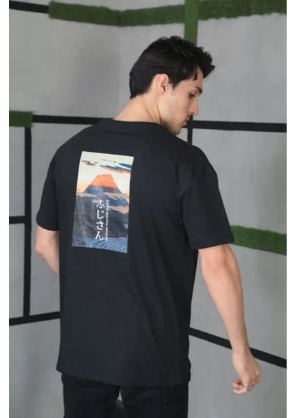 Unisex Bisiklet Yaka Baskılı Oversize T-Shirt - Siyah modelleri