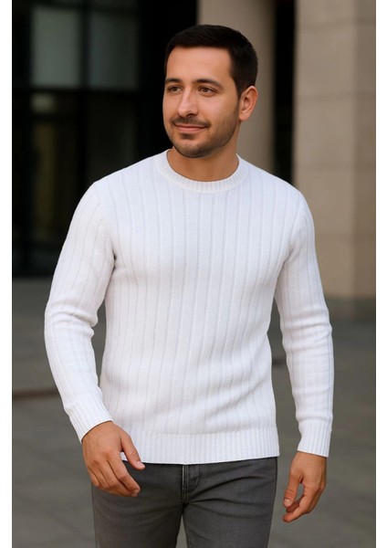 Erkek Bisiklet Yuvarlak Yaka Triko Kazak Pamuklu Kalın Fitilli Dokuma, Regular Fit Uzun Kollu Kış
