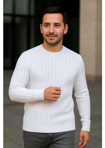 Erkek Bisiklet Yuvarlak Yaka Triko Kazak Pamuklu Kalın Fitilli Dokuma, Regular Fit Uzun Kollu Kış fiyatları