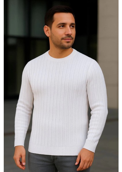 Erkek Bisiklet Yuvarlak Yaka Triko Kazak Pamuklu Kalın Fitilli Dokuma, Regular Fit Uzun Kollu Kış fırsatları