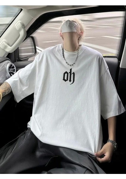 Baskılı Oversize Bisiklet Yaka T-Shirt - Beyaz