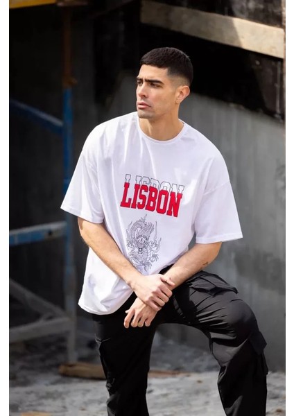 Unisex Bisiklet Yaka Baskılı Oversize T-Shirt - Beyaz