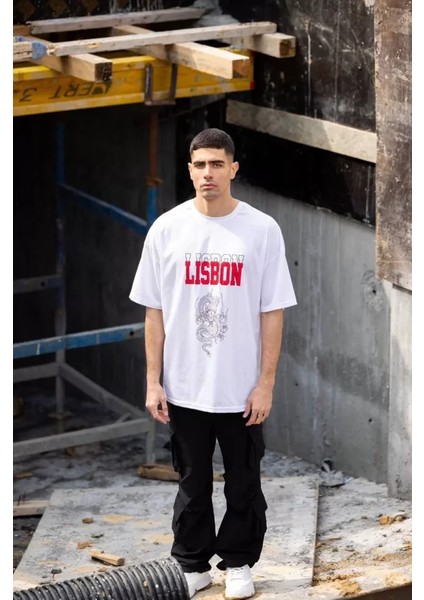 Unisex Bisiklet Yaka Baskılı Oversize T-Shirt - Beyaz modelleri