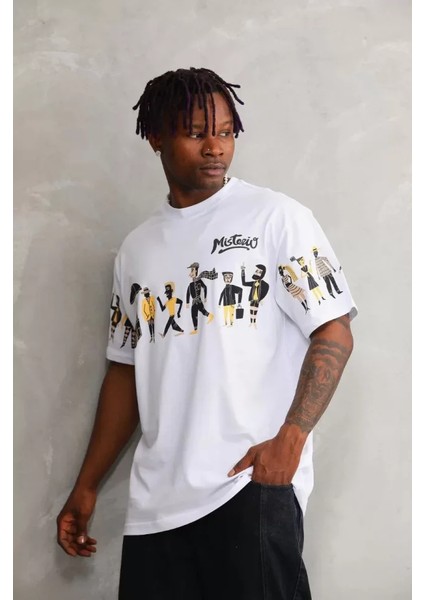 Unisex Bisiklet Yaka Baskılı Oversize T-Shirt - Beyaz