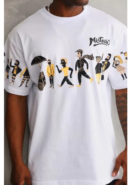 Unisex Bisiklet Yaka Baskılı Oversize T-Shirt - Beyaz fiyatları