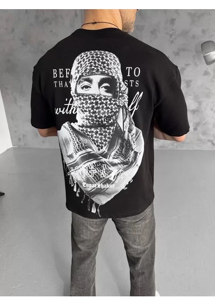 Unisex Baskılı Oversize T-Shirt - Siyah
