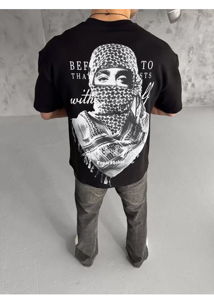 Unisex Baskılı Oversize T-Shirt - Siyah fırsatları