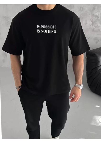 Unisex Bisiklet Yaka Baskılı Oversize T-Shirt - Siyah