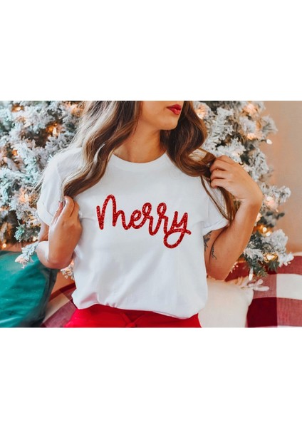 Merry Baskılı T-Shirt - Beyaz