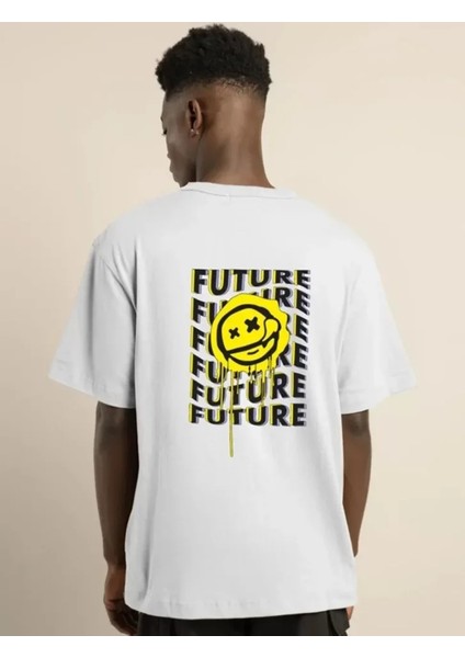 Unisex Bisiklet Yaka Baskılı Oversize T-Shirt - Beyaz modelleri