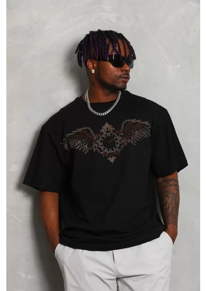 Unisex Oversize Taşlı Bisiklet Yaka T-Shirt - Siyah