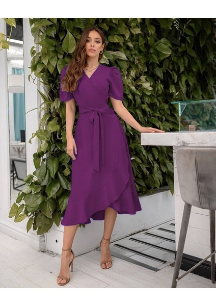 Kadın Kruvaze Yaka Midi Boy Kuşaklı Krep Elbise 120 cm indirimleri