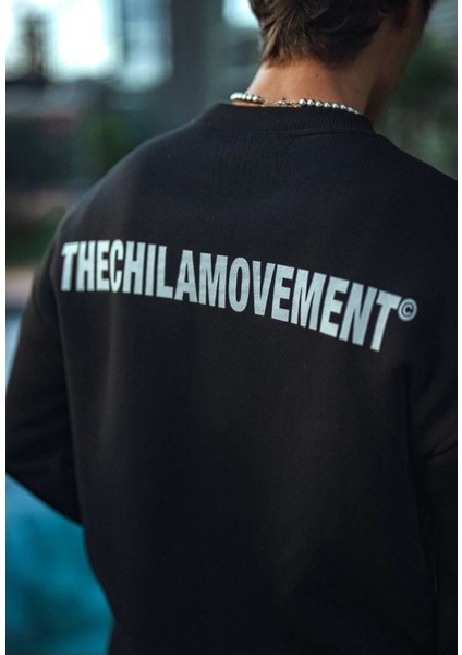 Kışlık Bisiklet Yaka Oversize Baskılı Sweatshirt - Siyah