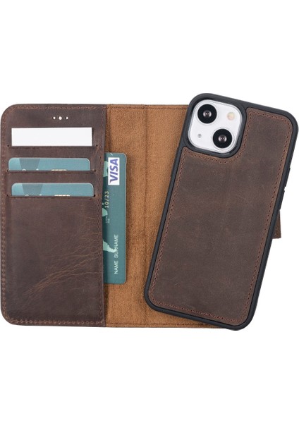 Apple iPhone 13 Mini Uyumlu Deri Cüzdanlı Kılıf G6 Kahverengi