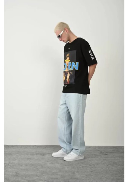 Unisex Baskılı Bisiklet Yaka Oversize T-Shirt - Siyah