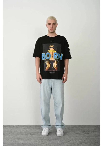 Unisex Baskılı Bisiklet Yaka Oversize T-Shirt - Siyah modelleri