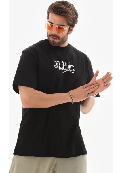 Unisex Bisiklet Yaka Baskılı Oversize T-Shirt - Siyah fiyatları