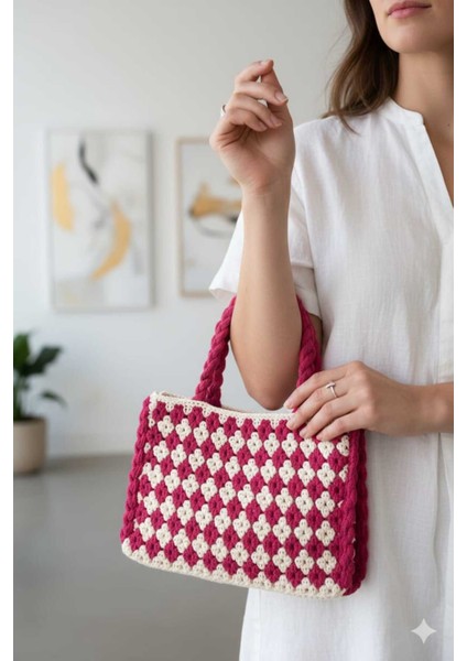 Çiçek Desen Kağıt Ip Tığ Işi El Örgüsü Çanta