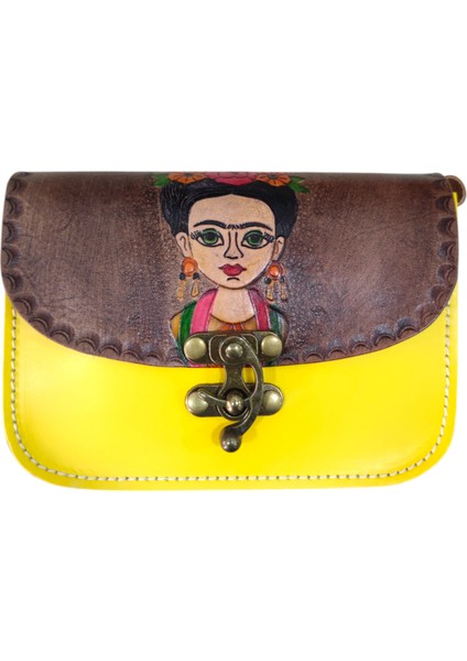 El Yapımı Hakiki Deri Frida Kahlo Desenli Mini Kadın Çapraz Çanta - El Boyaması Vintage Tarz Omuz Çantası - Sanatsal El Işçiliği Tasarım