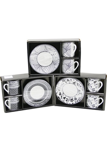 Siyah - Beyaz 4pcs=2-Takım Porselen Kahve Fincanı Çiçek - Çizgi - Nokta Mix Desen (4940)