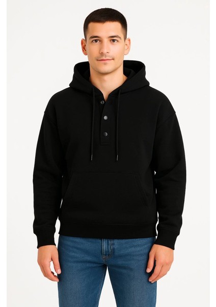 Erkek Ovarsize Kapüşonlu Swetshirt Kanguru Çepli Cıtcıtlı 3 Iplik Şardonlu Hoodie - Siyah fiyatları
