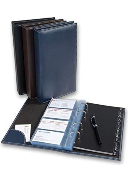 507 Deri Kartvizitlik Mekanizmalı 4 Sıralı 24 Sayfalı, 192 Kart Kapasiteli A-Z Indeksli Kartvizit Albümü, Siyah/ /lacivert