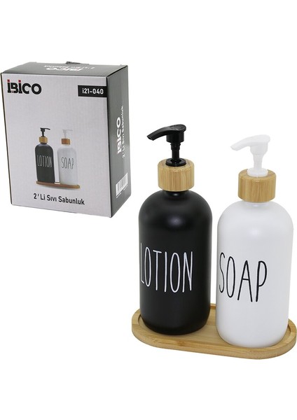 2li Set Cam Sıvı Sabunluk - Losyonluk 2X500MLBOYALI Cam=siyah-Beyaz Ahşap Bambu Altlık - Kapak (4